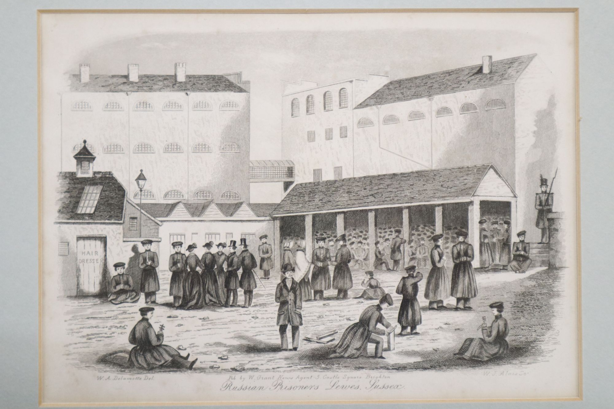 A group of seven assorted 19th century engravings, Views in and around Lewes including Russian prisoners, Lewes, Sussex, 15 x 20cm